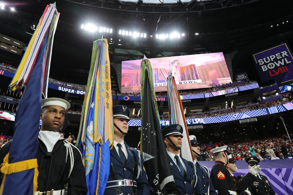 Joint Armed Forces Color Guard Presents the Colors Before Super Bowl LVIII