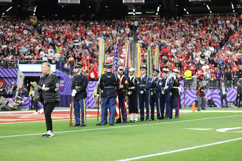 Joint Armed Forces Color Guard Presents the Colors Before Super Bowl LVIII