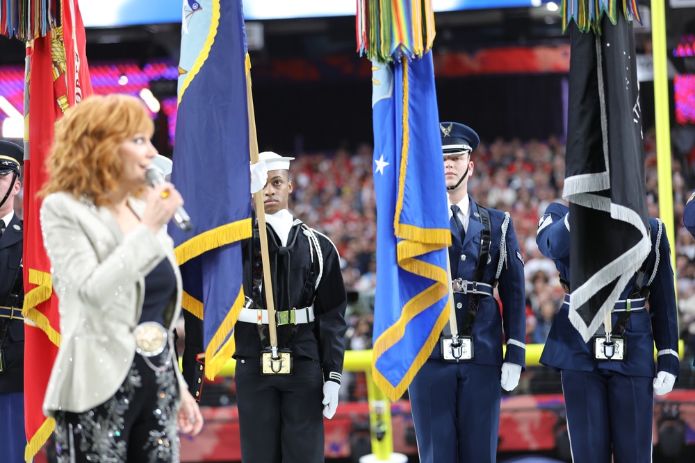 Joint Armed Forces Color Guard Presents the Colors Before Super Bowl LVIII