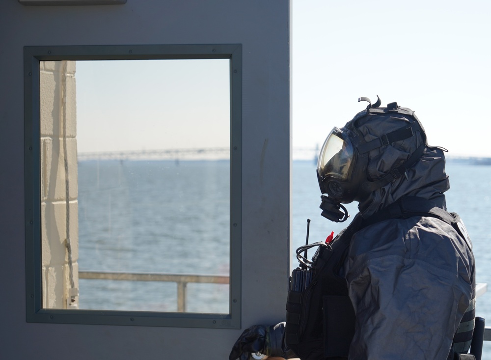 NWS Yorktown Sailor dons personal protective equipment during exercise Citadel Shield-Solid Curtain 2024