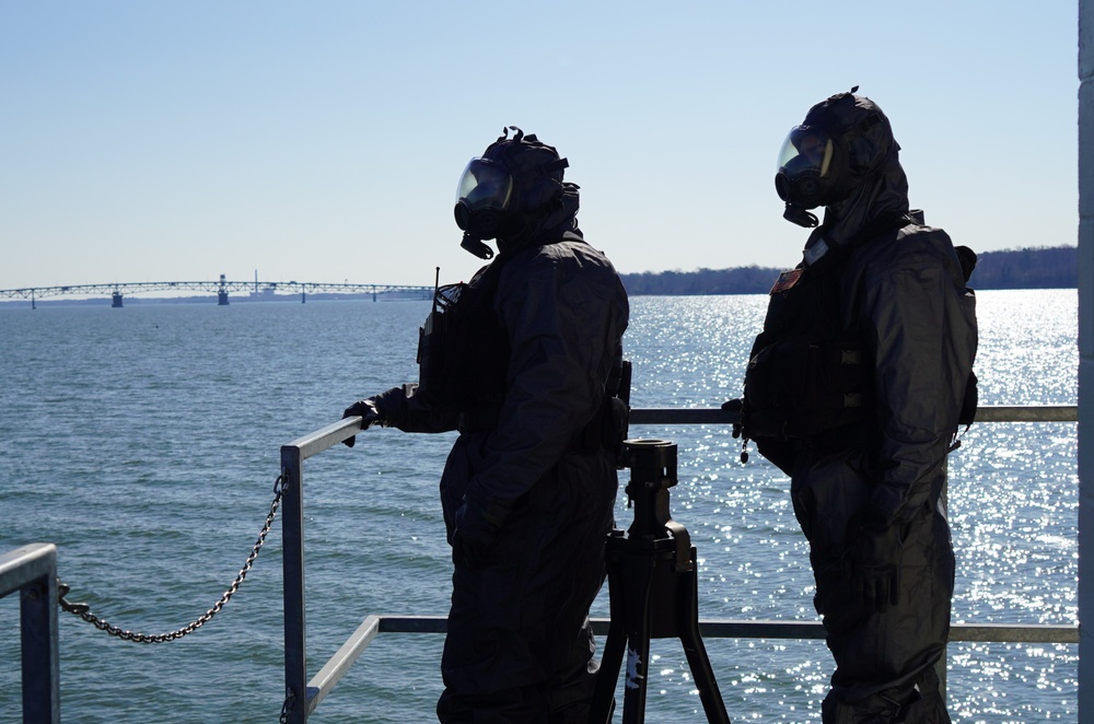 NWS Sailors keep watch during Exercise Citadel Shield-Solid Curtain 2024 while wearing chemical suits