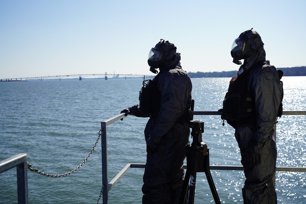 NWS Sailors keep watch during Exercise Citadel Shield-Solid Curtain 2024 while wearing chemical suits