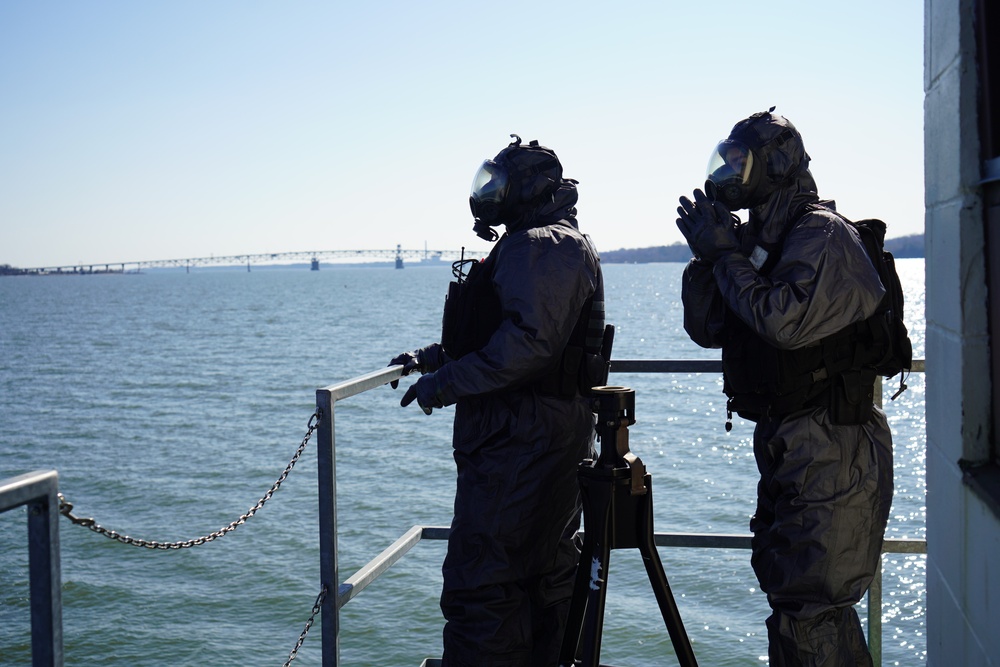 NWS Yorktown Sailors keep watch while wearing chemical suits during exercise Citadel Shield-Solid Curtain 2024
