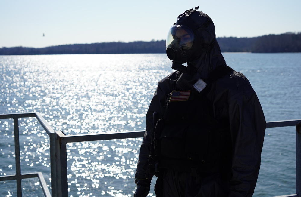 NWS Yorktown Sailors keep watch while wearing chemical suits during exercise Citadel Shield-Solid Curtain 2024