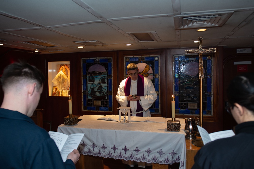 USS Ronald Reagan (CVN 76) Sailors hold Ash Wednesday chapel service