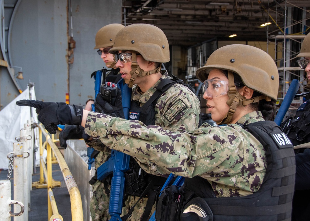 USS Ronald Reagan (CVN 76) Sailors conduct an anti-terrorism training team drill