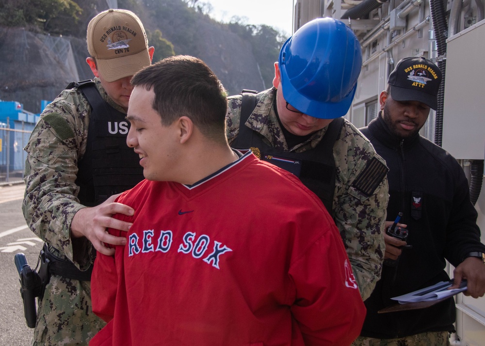 USS Ronald Reagan (CVN 76) Sailors conduct an anti-terrorism training team drill