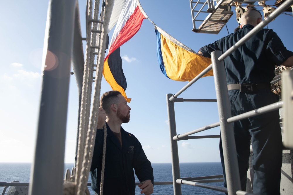 USS Bataan Quartermasters Practice Raising Flags