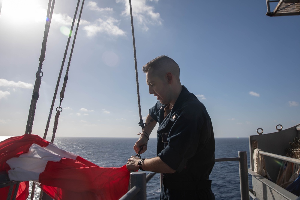 USS Bataan Quartermasters Practice Raising Flags