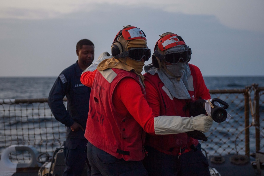 USS Mason Conducts Flight Deck Firefighting Drills in the Red Sea