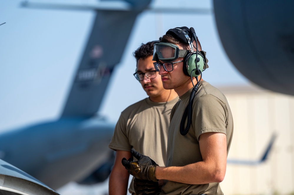 C-17 Globemaster III crews prepare for takeoff