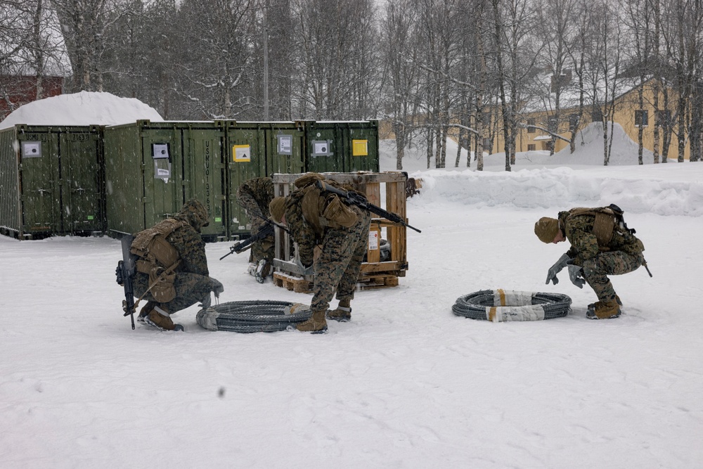 U.S. Marines with 2nd Marine Aircraft Wing set up concertina wire in preparation for Exercise Nordic Response 24