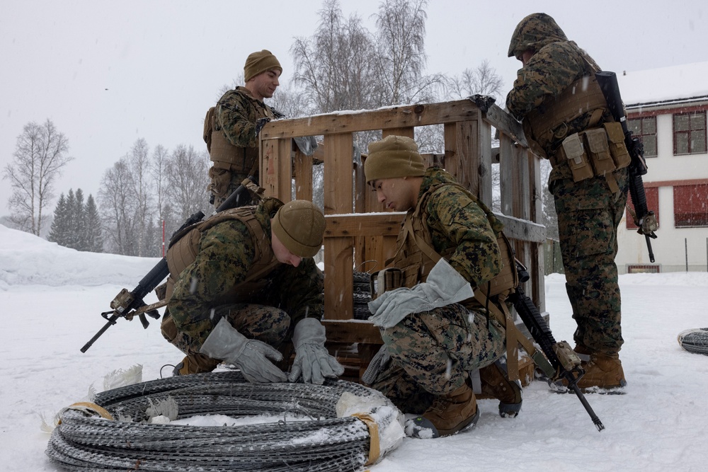 U.S. Marines with 2nd Marine Aircraft Wing set up concertina wire in preparation for Exercise Nordic Response 24