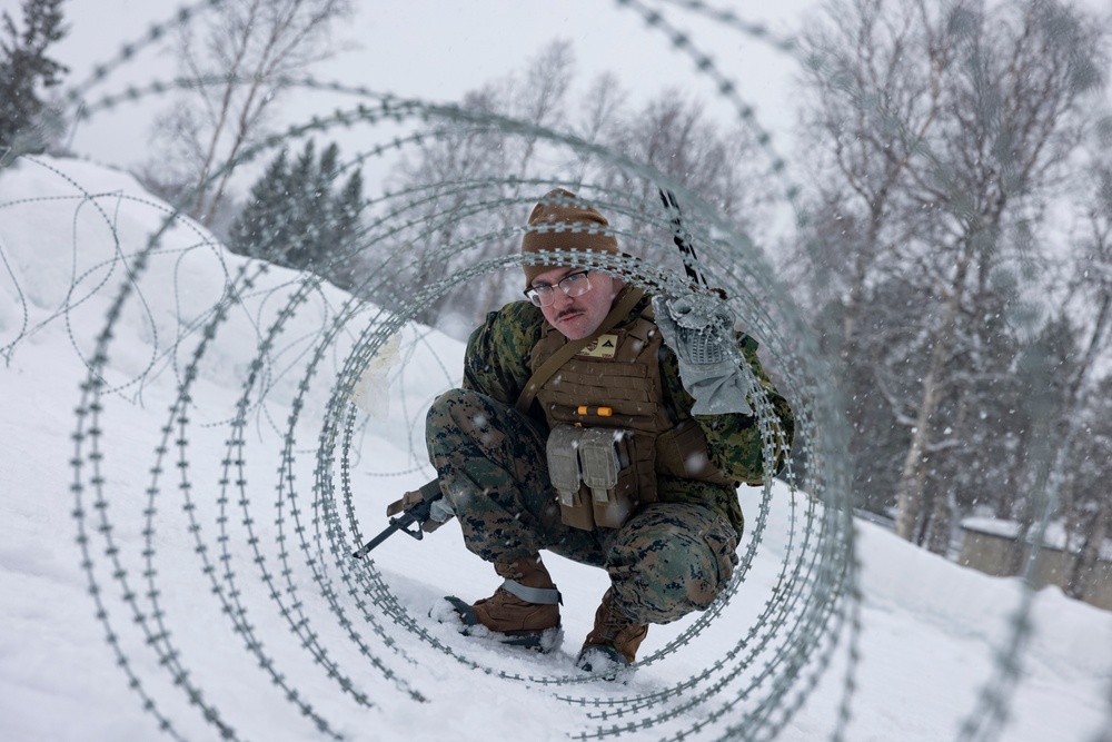 U.S. Marines with 2nd Marine Aircraft Wing set up concertina wire in preparation for Exercise Nordic Response 24