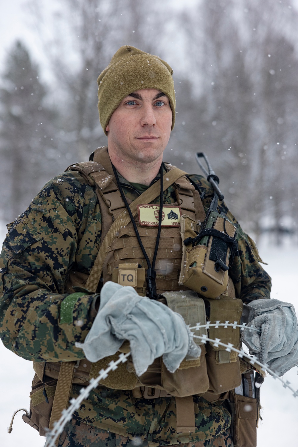 U.S. Marines with 2nd Marine Aircraft Wing set up concertina wire in preparation for Exercise Nordic Response 24