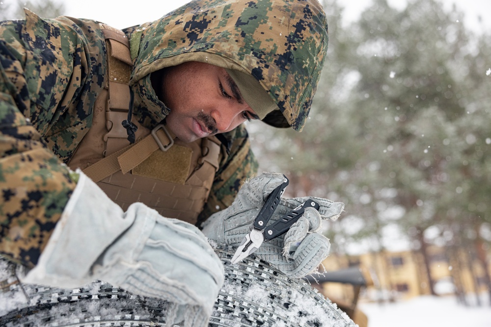 U.S. Marines with 2nd Marine Aircraft Wing set up concertina wire in preparation for Exercise Nordic Response 24