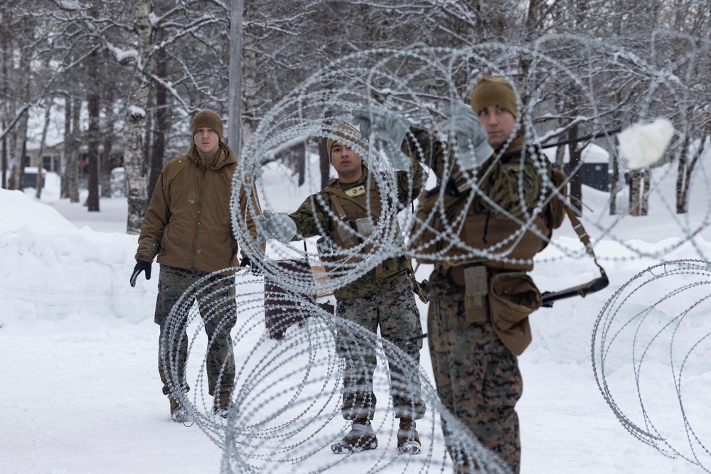 U.S. Marines with 2nd Marine Aircraft Wing set up concertina wire in preparation for Exercise Nordic Response 24