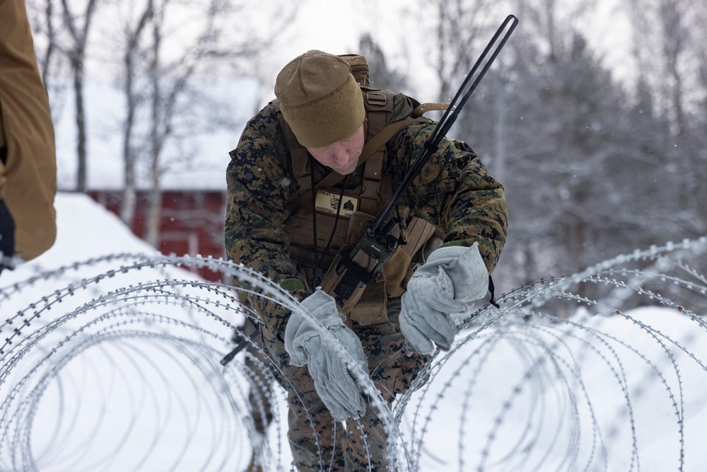 U.S. Marines with 2nd Marine Aircraft Wing set up concertina wire in preparation for Exercise Nordic Response 24