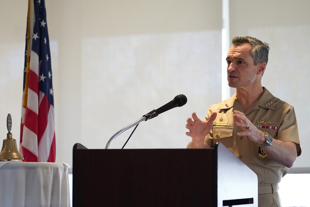 Vice Adm. Doug G. Perry speaks to members of the Norfolk Rotary Club