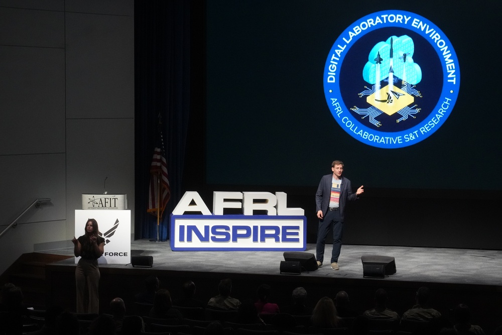 Dan Berrigan conducts his talk titled, &quot;#TackleTheToil,&quot; at the Air Force Research Laboratory's Inspire event