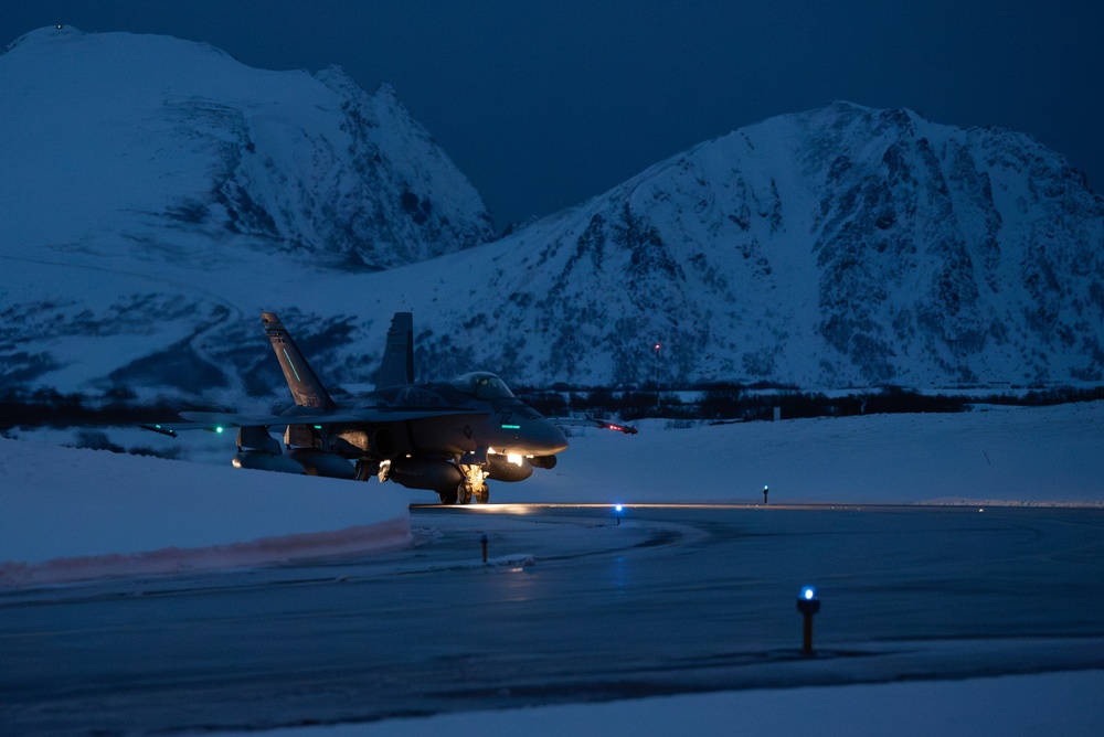 U.S. Marine Corps F/A-18 Hornets with VMFA-312 arrive in Norway for Exercise Nordic Response 24