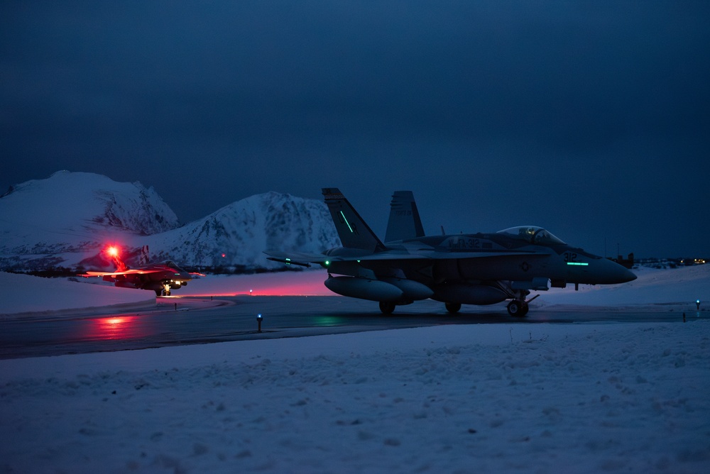 U.S. Marine Corps F/A-18 Hornets with VMFA-312 arrive in Norway for Exercise Nordic Response 24