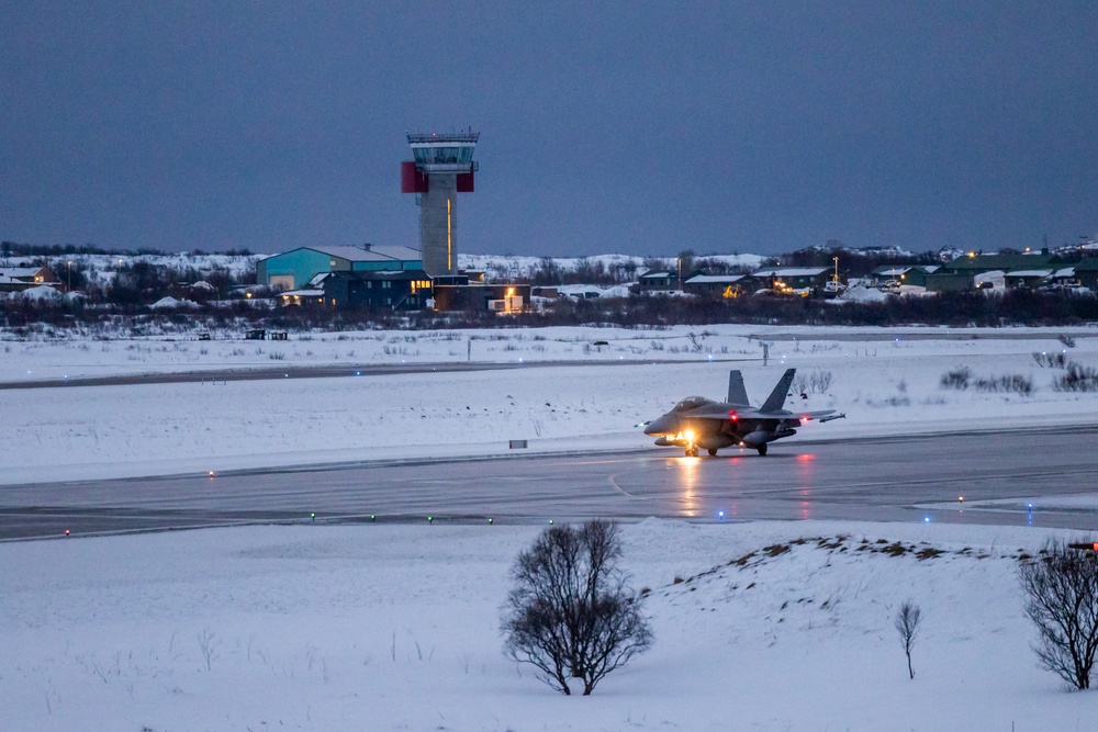 U.S. Marine Corps F/A-18 Hornets with VMFA-312 arrive in Norway for Exercise Nordic Response 24