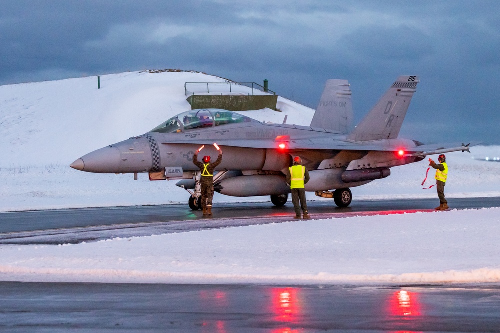 U.S. Marine Corps F/A-18 Hornets with VMFA-312 arrive in Norway for Exercise Nordic Response 24