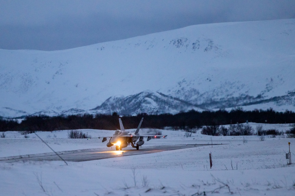 U.S. Marine Corps F/A-18 Hornets with VMFA-312 arrive in Norway for Exercise Nordic Response 24