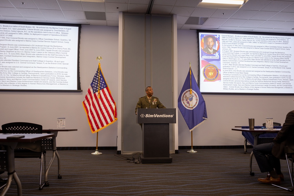 Col. Michael L. Brooks, Marine Corps Base Quantico commander, speaks at the Fredericksburg Regional Chamber of Commerce