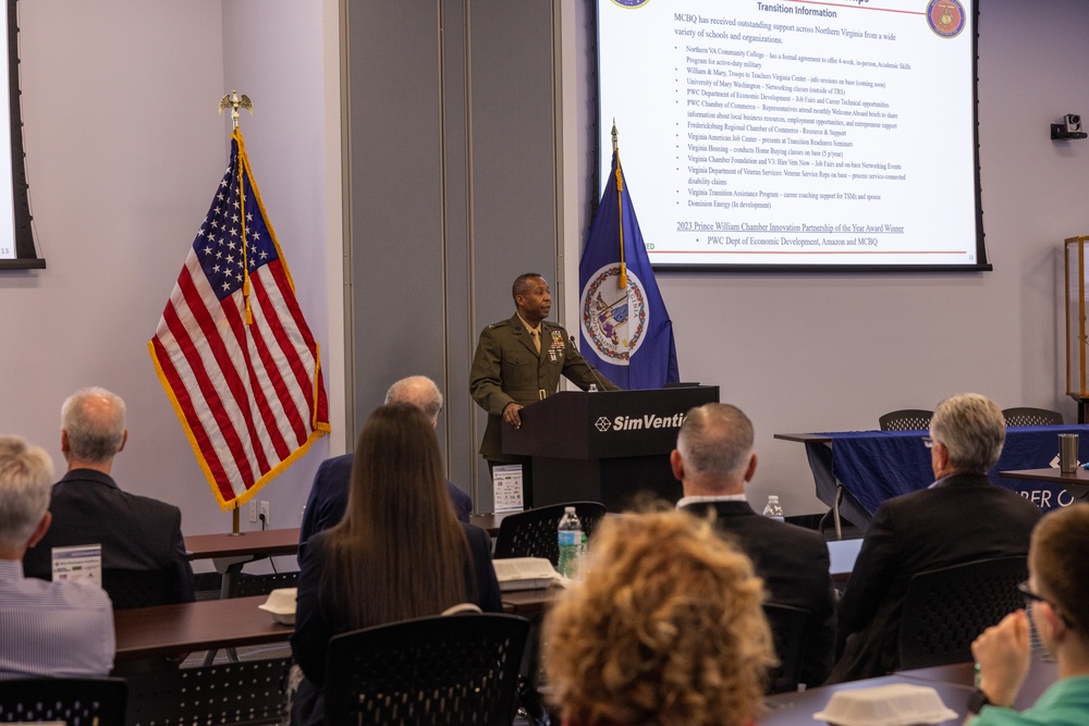 Col. Michael L. Brooks, Marine Corps Base Quantico commander, speaks at the Fredericksburg Regional Chamber of Commerce