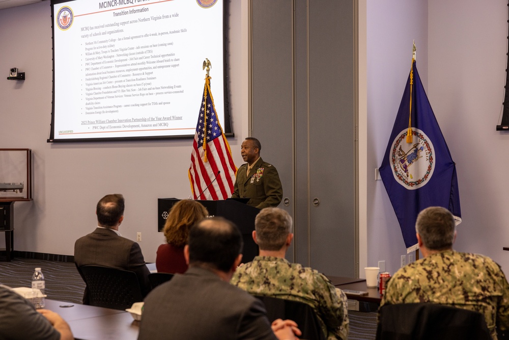 Col. Michael L. Brooks, Marine Corps Base Quantico commander, speaks at the Fredericksburg Regional Chamber of Commerce