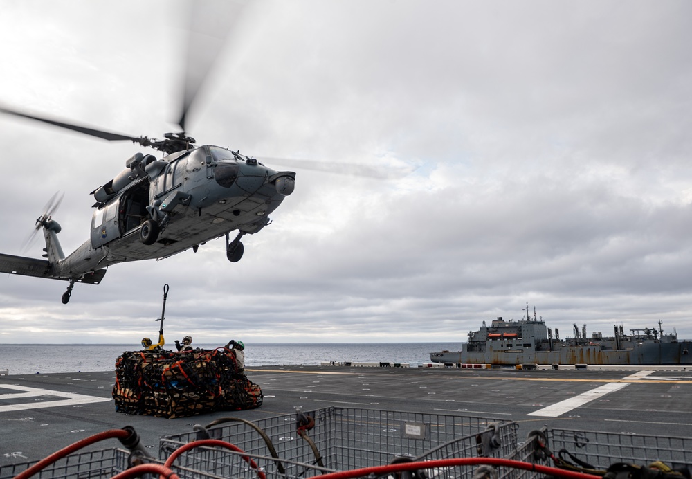 USS America Conducts (LHA 6) a Vertical Replenishment With USNS Carl Brashear (T-AKE-7)