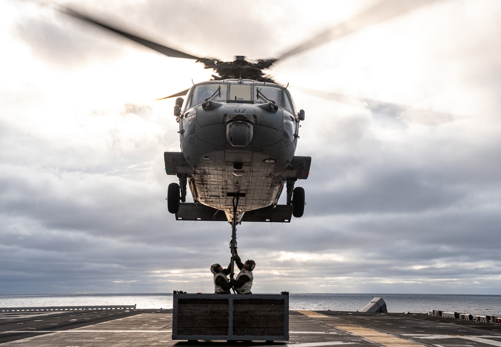 USS America Conducts (LHA 6) a Vertical Replenishment With USNS Carl Brashear (T-AKE-7)