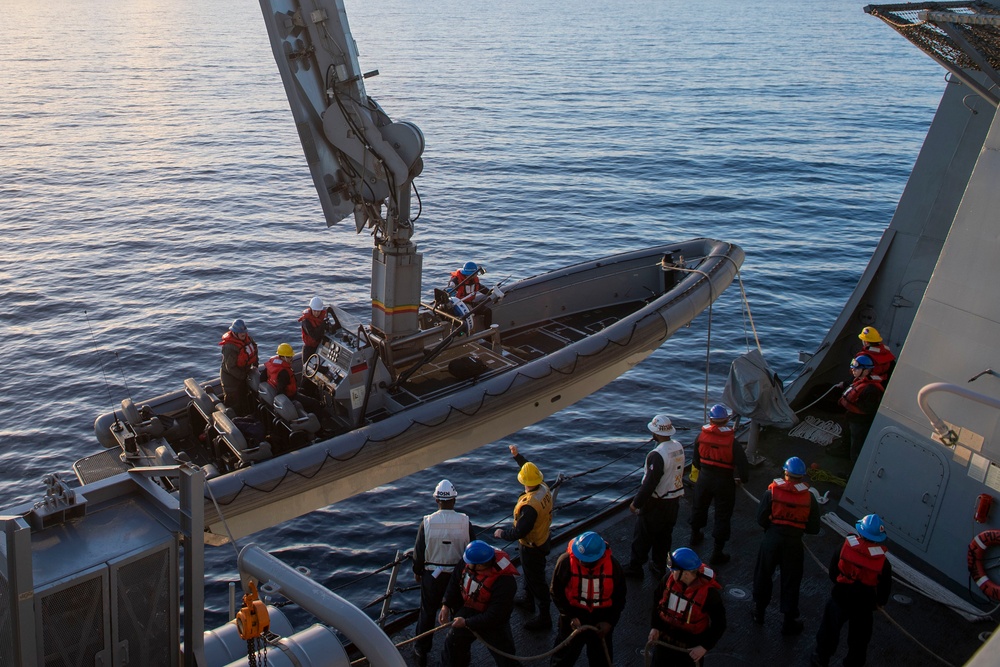 USS San Diego conducts small boat operations underway for NASA’s Underway Recovery Test 11