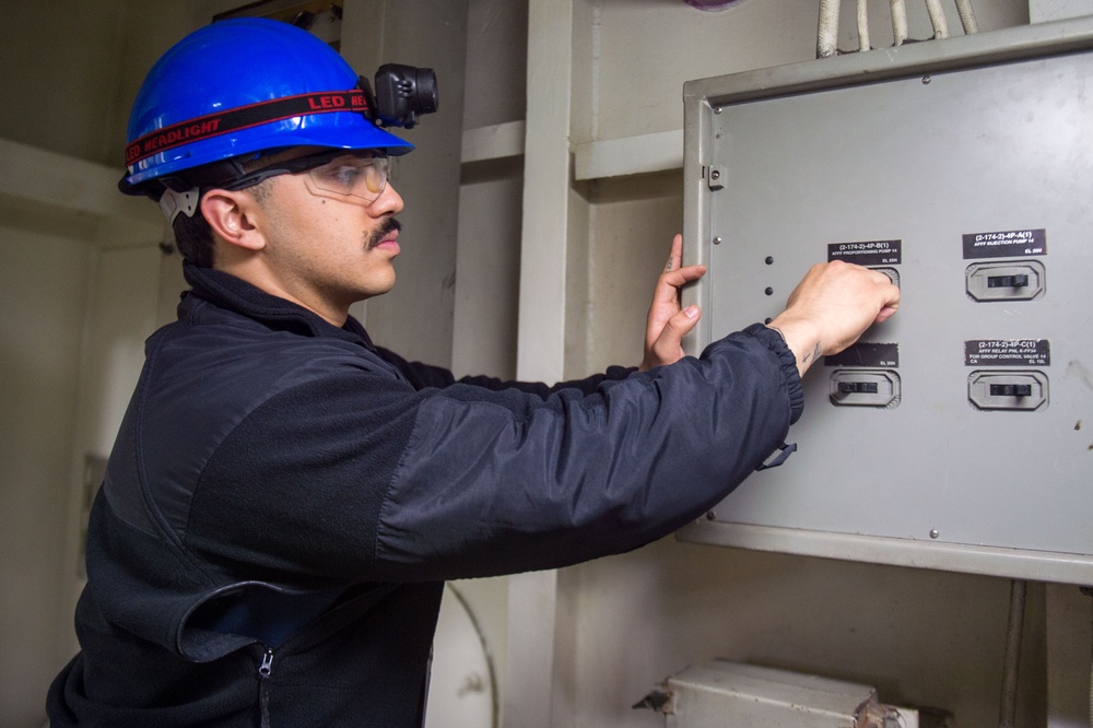 USS Ronald Reagan (CVN 76) Sailors troubleshoot an AFFF station