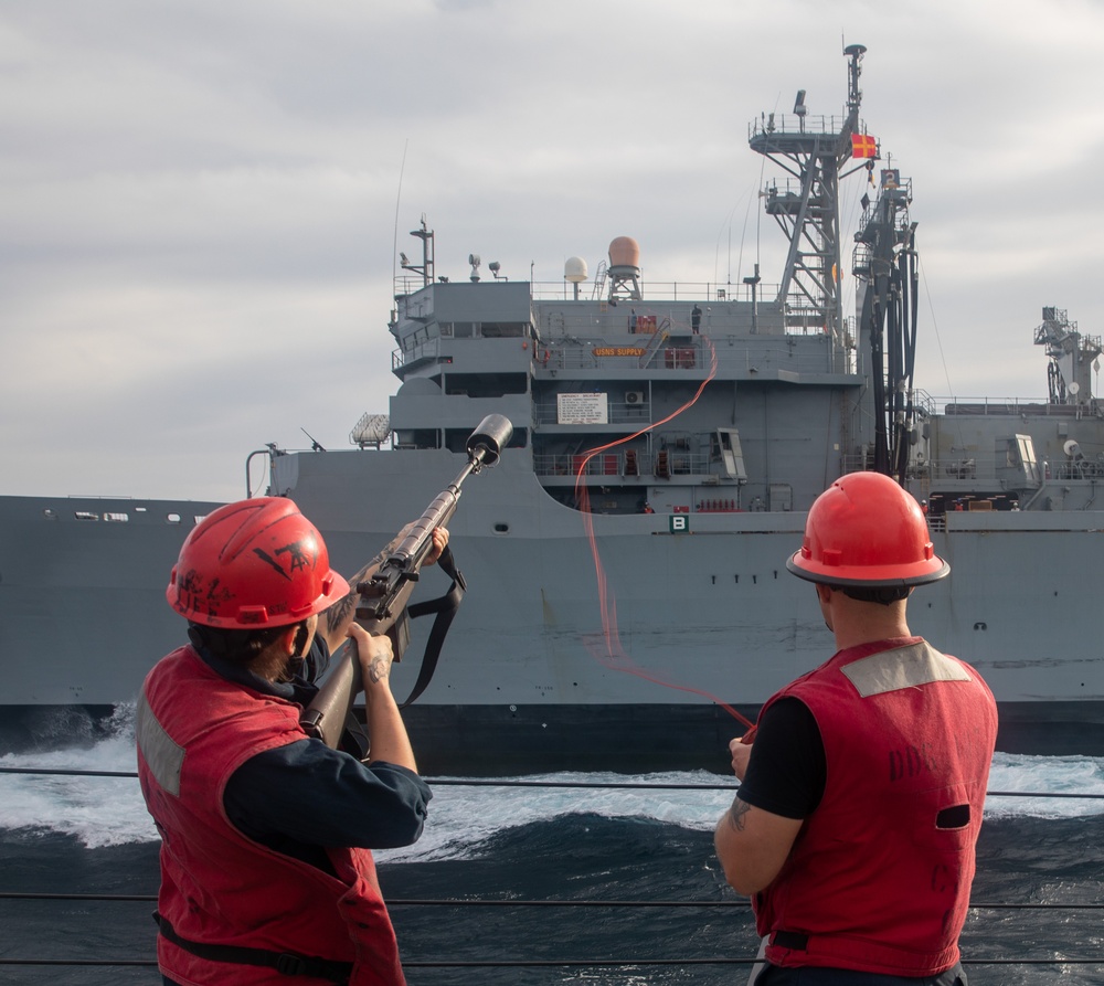 USS Gravely Conducts a Replenishment-at-Sea with USNS Supply in the Red Sea