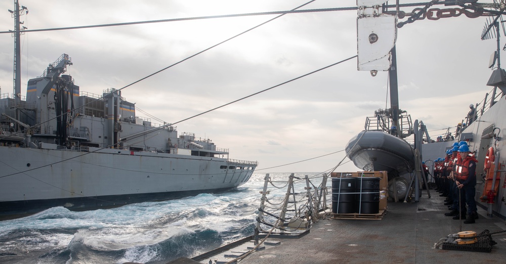 USS Gravely Conducts a Replenishment-at-Sea with USNS Supply in the Red Sea