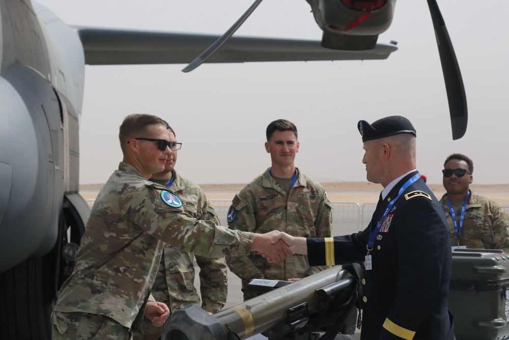 U.S. Army Maj. Gen. Michael Leeney, commanding general of Task Force Spartan, greets a Javelin crew