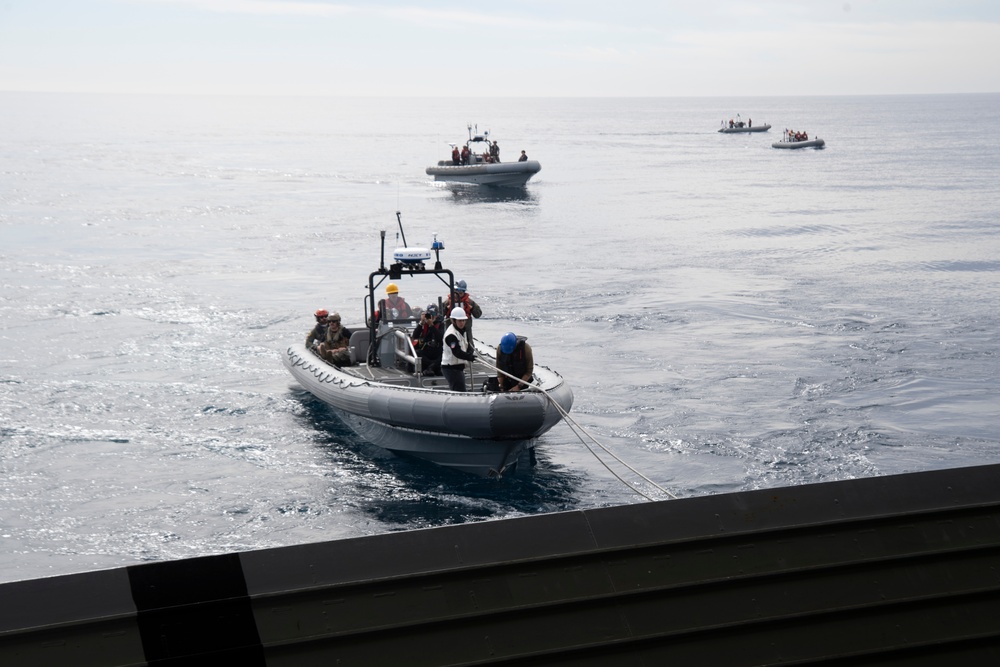 USS San Diego (LPD 22) prepares to launch crew module test article (CMTA) while underway for NASA’s Underway Recovery Test 11