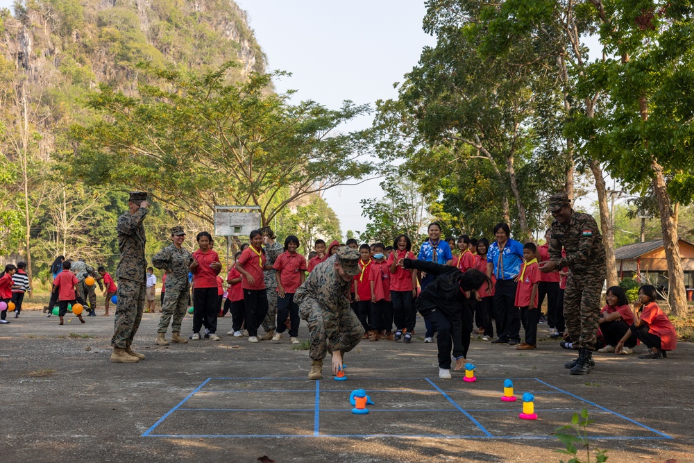 Cobra Gold 24; Marines with Marine Wing Support Squadron 174 play field day games with students from the Bankhaocha-Angkromklong School