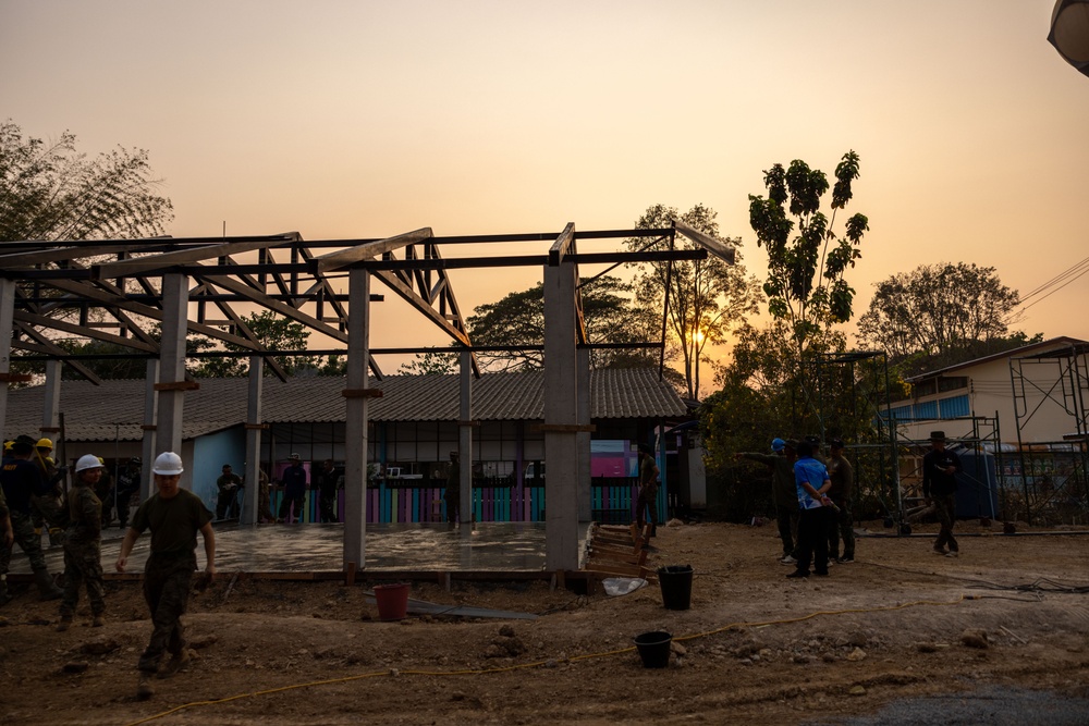 Cobra Gold 24; Marines with Marine Wing Support Squadron 174 pour a concrete pad for the Bankhaocha-Angkromklong School