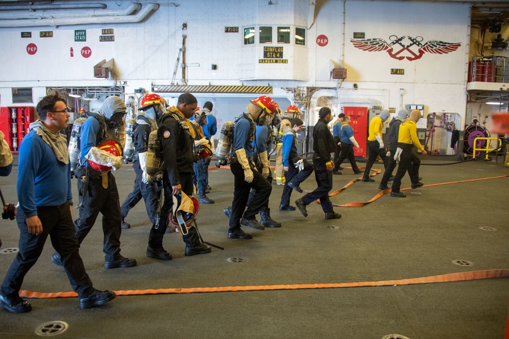 USS America (LHA 6) conduct an aviation firefighting drill