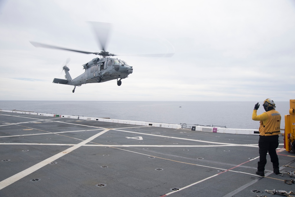 USS San Diego conducts flight operations while underway for NASA's Underway Recovery Test 11