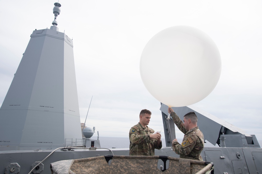 USS San Diego makes weather observations while underway for NASA's Underway Recovery Test 11