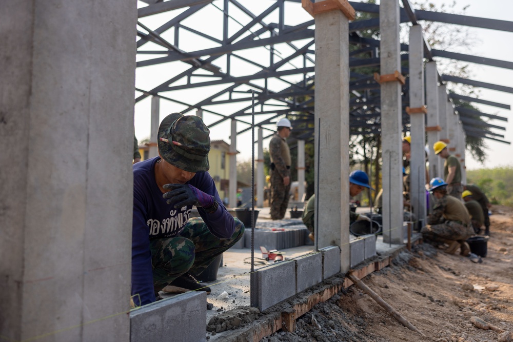 Cobra Gold 24; Marines With Marine Wing Support Squadron 174 lay bricks at the Bankhaocha-Angkromklong School