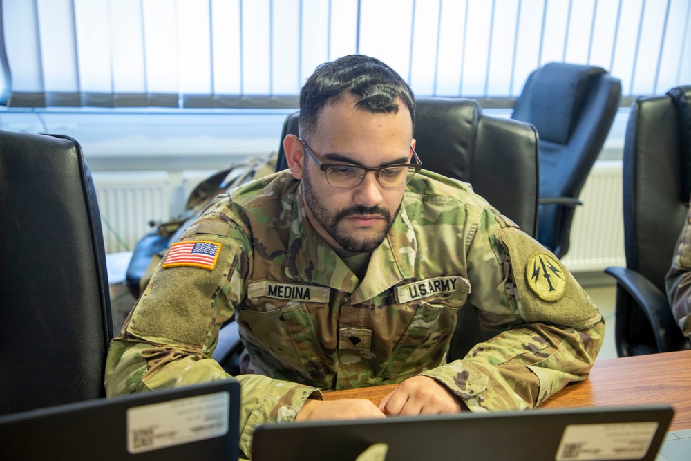 IT Soldier from the 56th Artillery manning work station