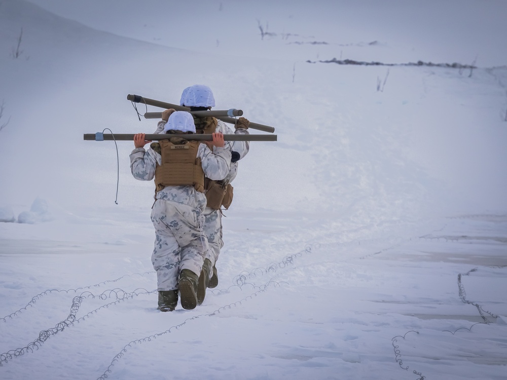 U.S. Marines with 1st Battalion, 2nd Marine Regiment conduct a demolition range in preparation for Exercise Nordic Response 24