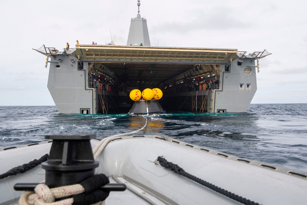 USS San Diego launches NASA’s crew module test article during Underway Recovery Test 11