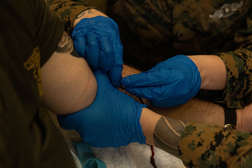 U.S. Navy Corpsman with 3rd Medical Battalion demonstrate a blood transfusion for the Japanese Ground Self Defense Force